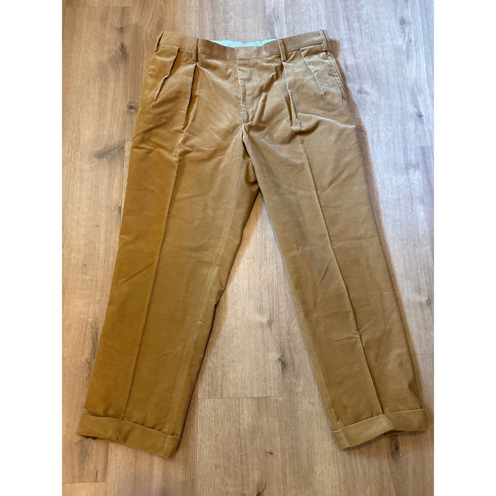 Ben Silver Pontoglio 1883 Velvet Corduroy Pants 37x29.5 Tan Pleated Cuffed Italy